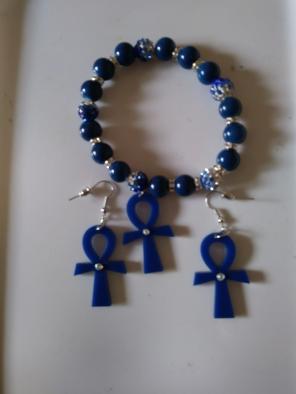 Blue Ankh bracelet & earring set