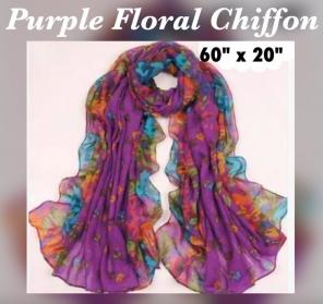 Purple Floral Print Chiffon Scarf