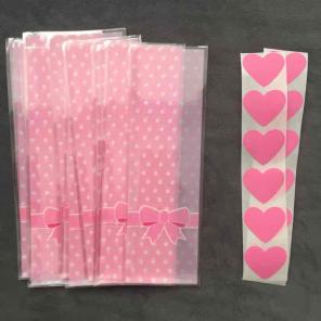 24 pink bow Cello bag heart stickers