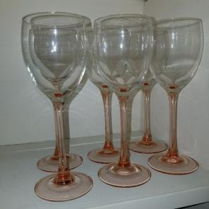 6 vintage pink glass wine glasses