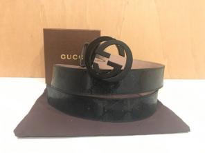 Auth. Men Gucci Belt Black Shiny Imprime
