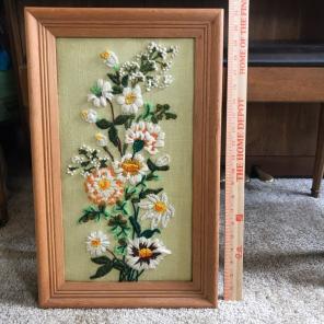 Vintage Framed Large Flower Crewel