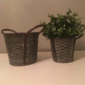 Set of 2, Galvanized Metal Olive Buckets