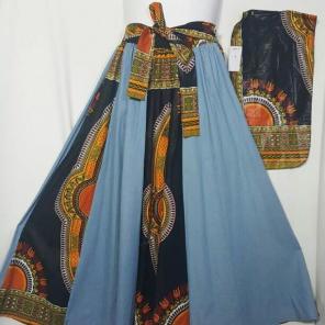 African Dashiki Denim Wrap Black Skirt