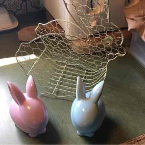 Bunnies basket and 2 Porcelain bunnies