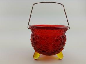 Amberina glass pot with metal handle