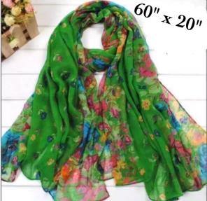 Green Floral Chiffon Scarf, 60" x 20"