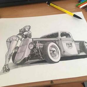 Pin up and ratrod drawing