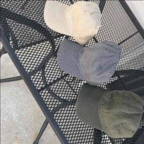 3 baseball caps in Tan, Grey, and Olive