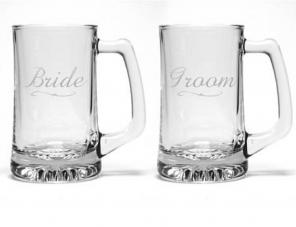 Bride and groom etched Beer mugs or wine