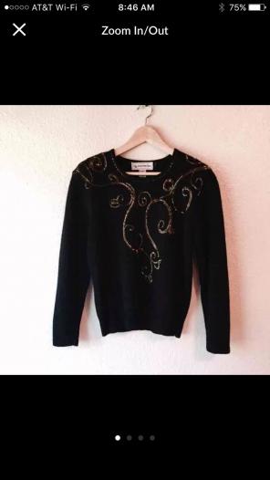 Vintage Black Angora Sweater Gold Beads