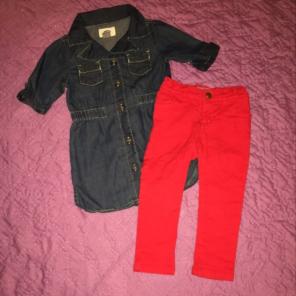 Denim Tunic And Red Skinny Jeans - 2t