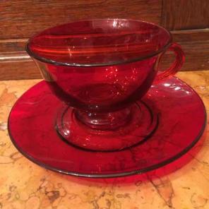 VTG ruby glass teacup and saucer set