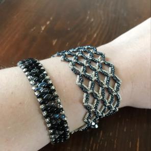 2 Black Silver Beaded Bracelets Handmade