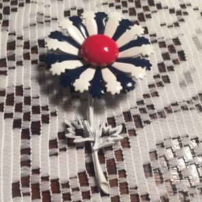 VTG Enamel Red, Wht & Blue Flower Brooch