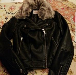 Adorable Leather Jacket with Fur Collar