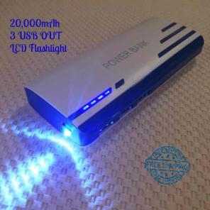 BLUE 20,000mAh Power Bank 3 Out & Light