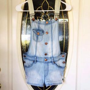 H&M Blue Distressed Denim Overall Shorts