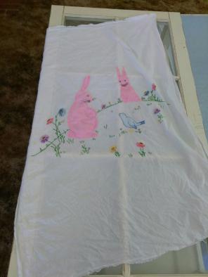 Vintage Embroidered Fabric Pink Bunnies